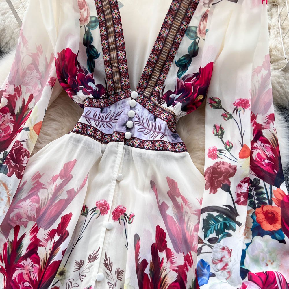 Bohemian Floral Dress - V - Neck Maxi with Embroidery - HalleBeauty